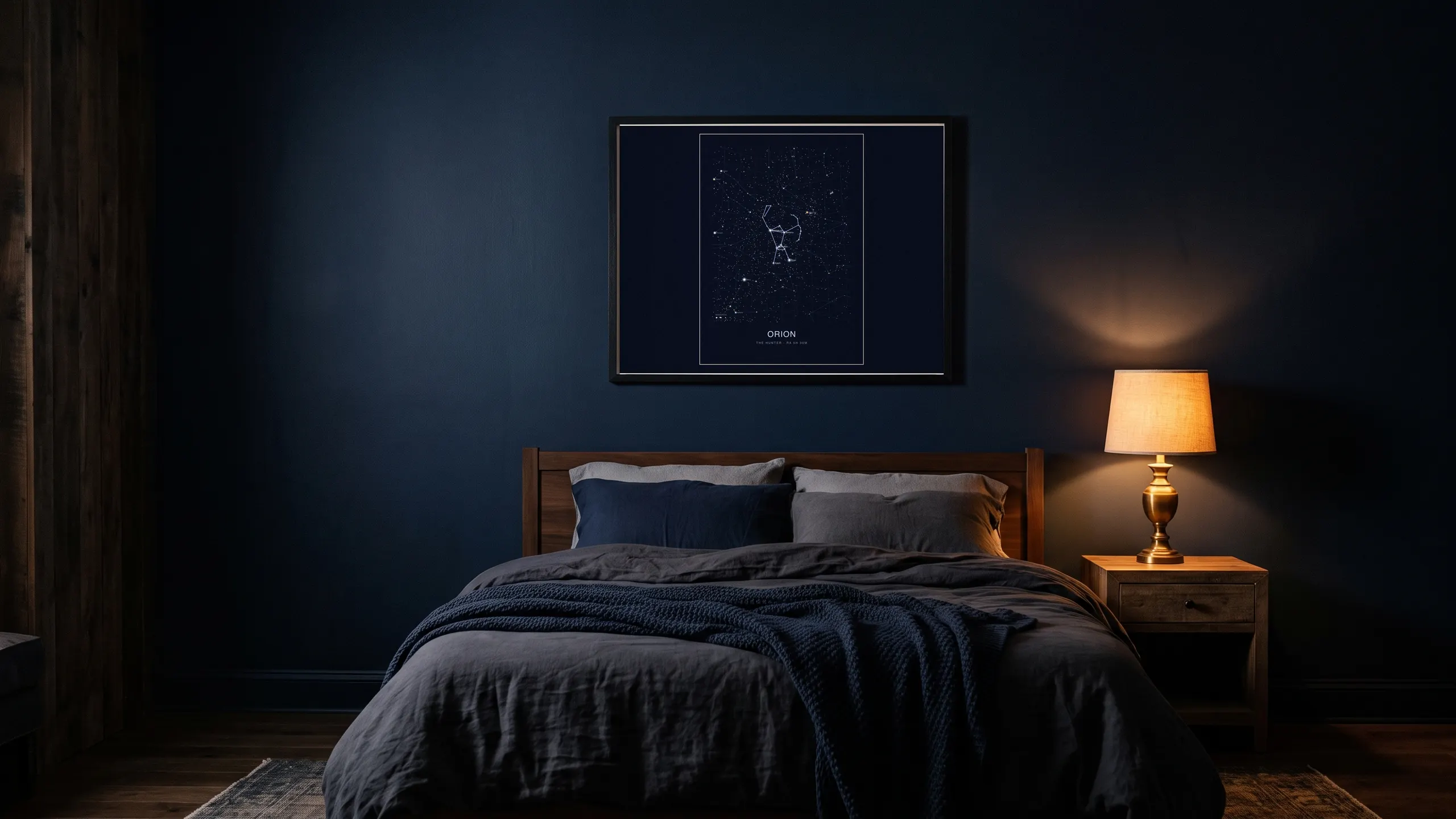 Orion star chart framed above the bed