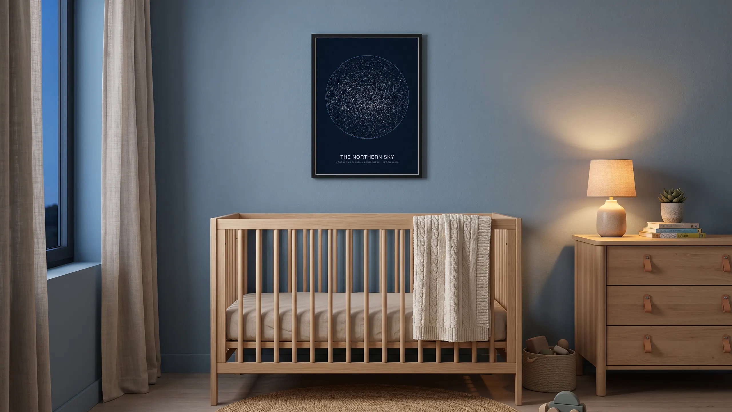 The Northern Sky star map framed above a crib